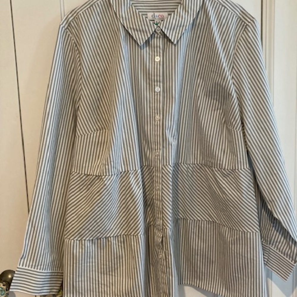 Denim & Co yarn dye Striped Poplin A-line Tiered Shirt sage green 2X